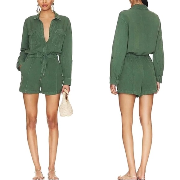 Young Fabulous & Broke YFB Lakeside Linen Romper Pigment Dyed Green REVOLVE - Picture 2 of 8